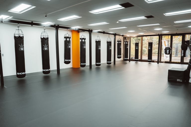 Modern boxing gym interior with suspended black punching bags, yellow central bag, fluorescent lighting, and mirrored walls
