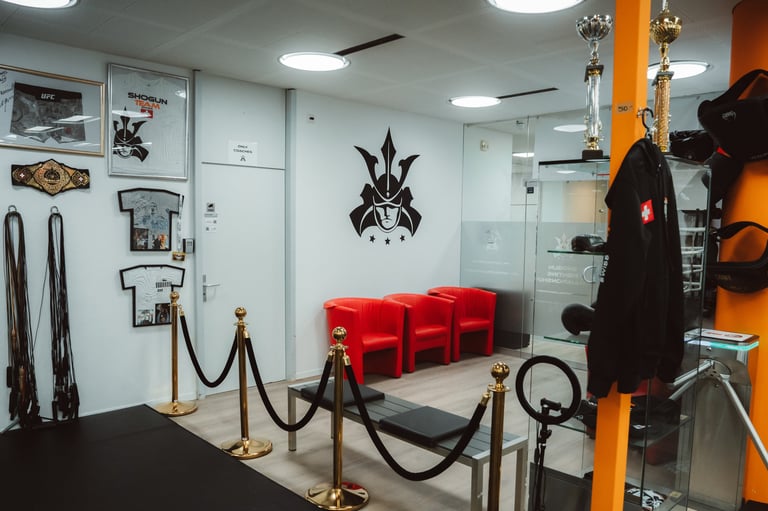 Display showroom with red seating, black logo on wall, guitar on stand, and rope barriers