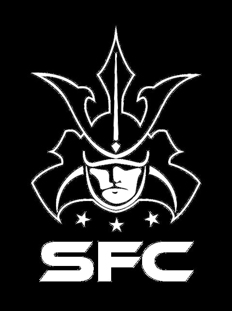SFC white logo featuring a samurai helmet design with ornate horns and three stars on black background