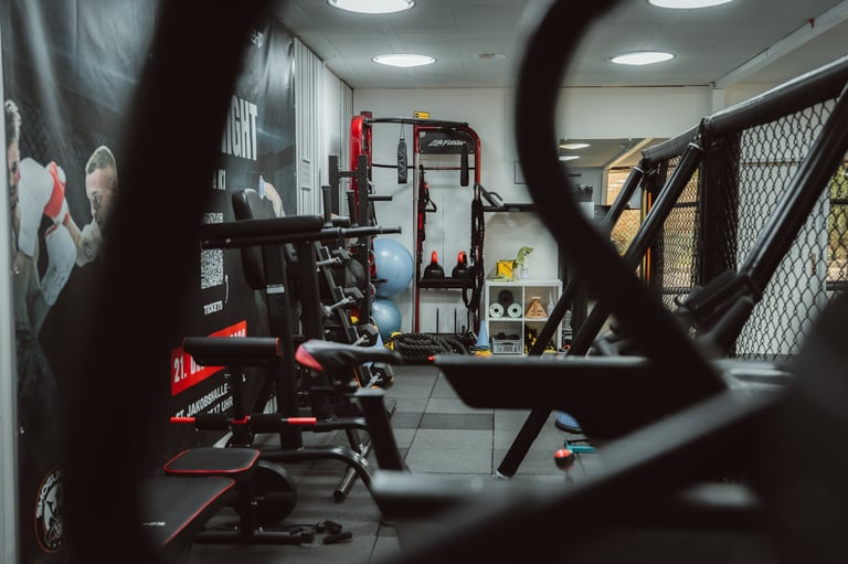 A modern gym interior viewed through exercise equipment, showing weight machines, cardio machines, and bright ceiling lights