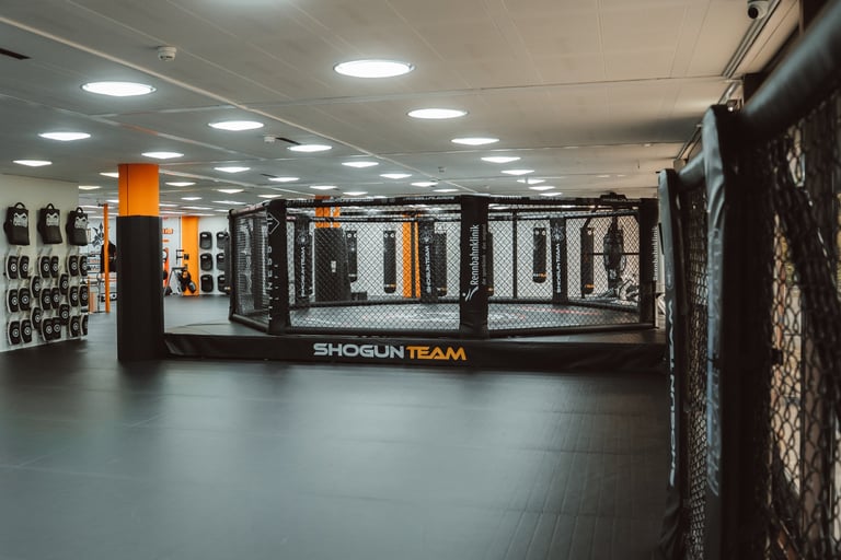 Modern MMA training facility with octagon cage labeled Shogun Team, orange and black pillars, and heavy bags along the walls