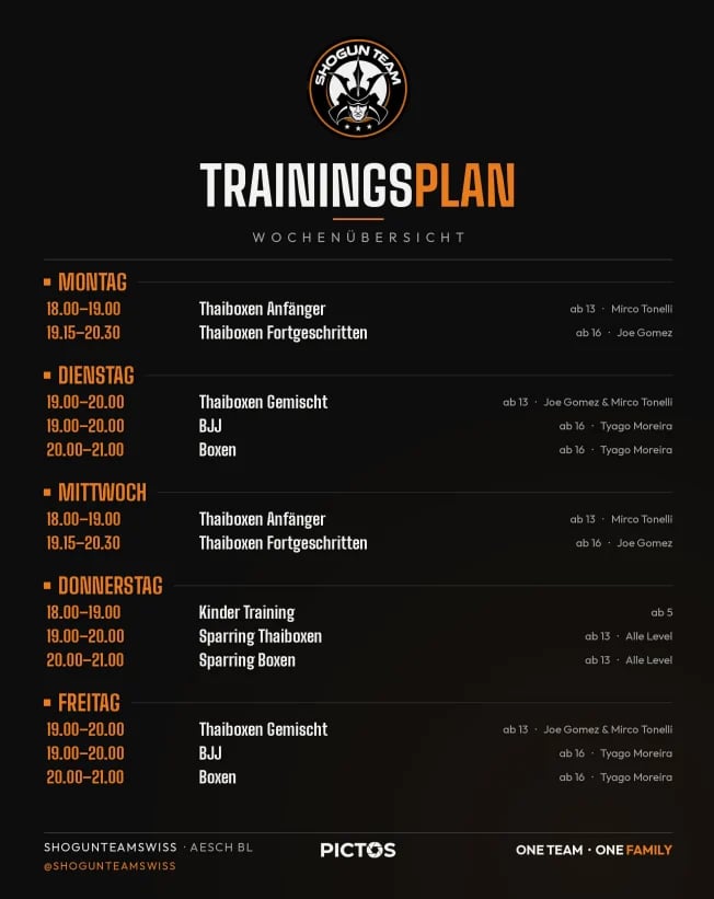 Weekly training schedule for Shogun Team boxing gym showing class times and instructors Monday through Friday